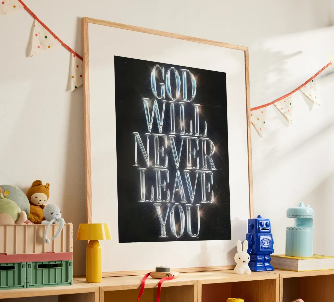 'GOD NEVER LEAVE YOU' poster con telaio in alluminio da Type & Tape