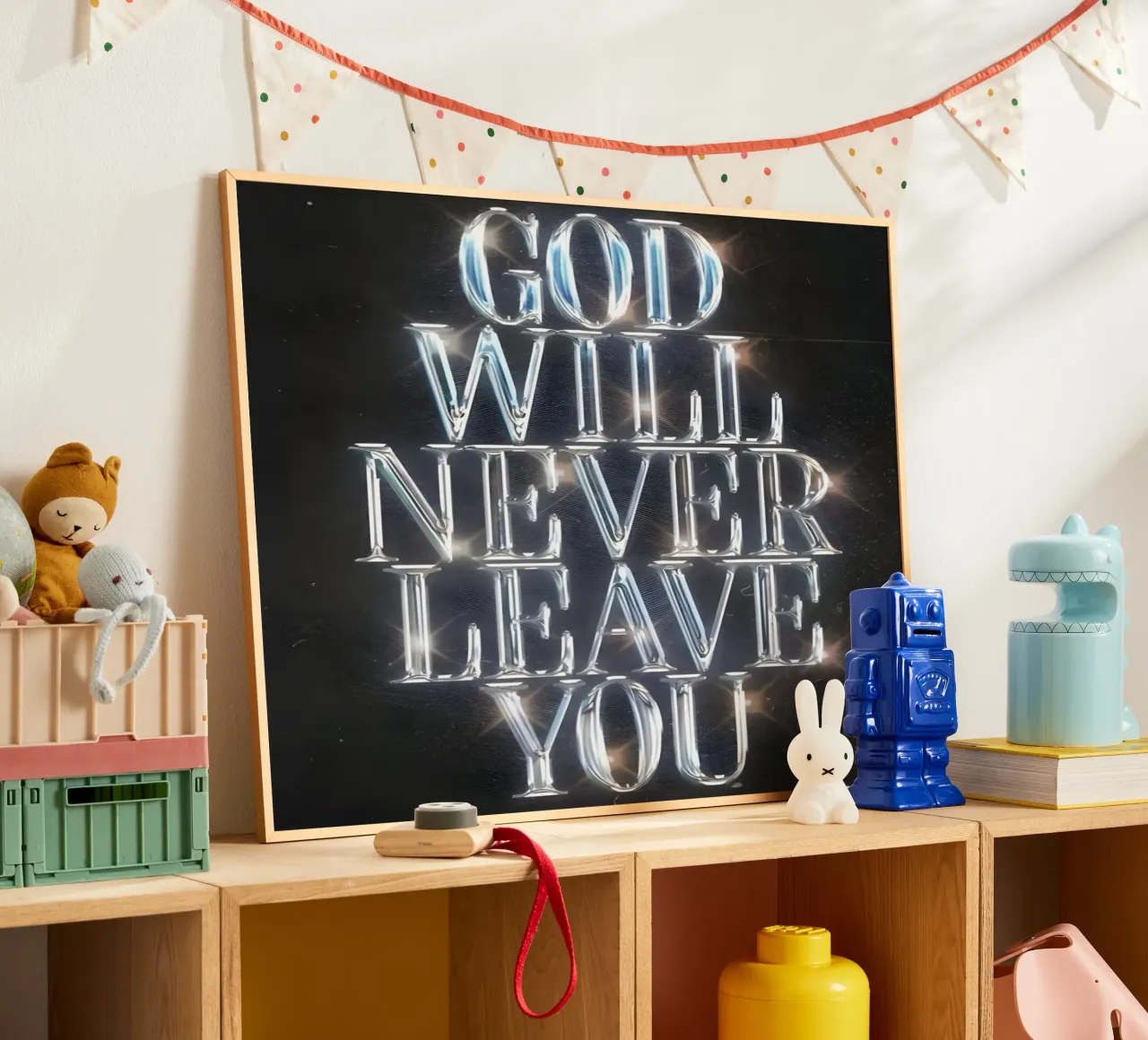 'GOD NEVER LEAVE YOU' poster con telaio in alluminio da Type & Tape