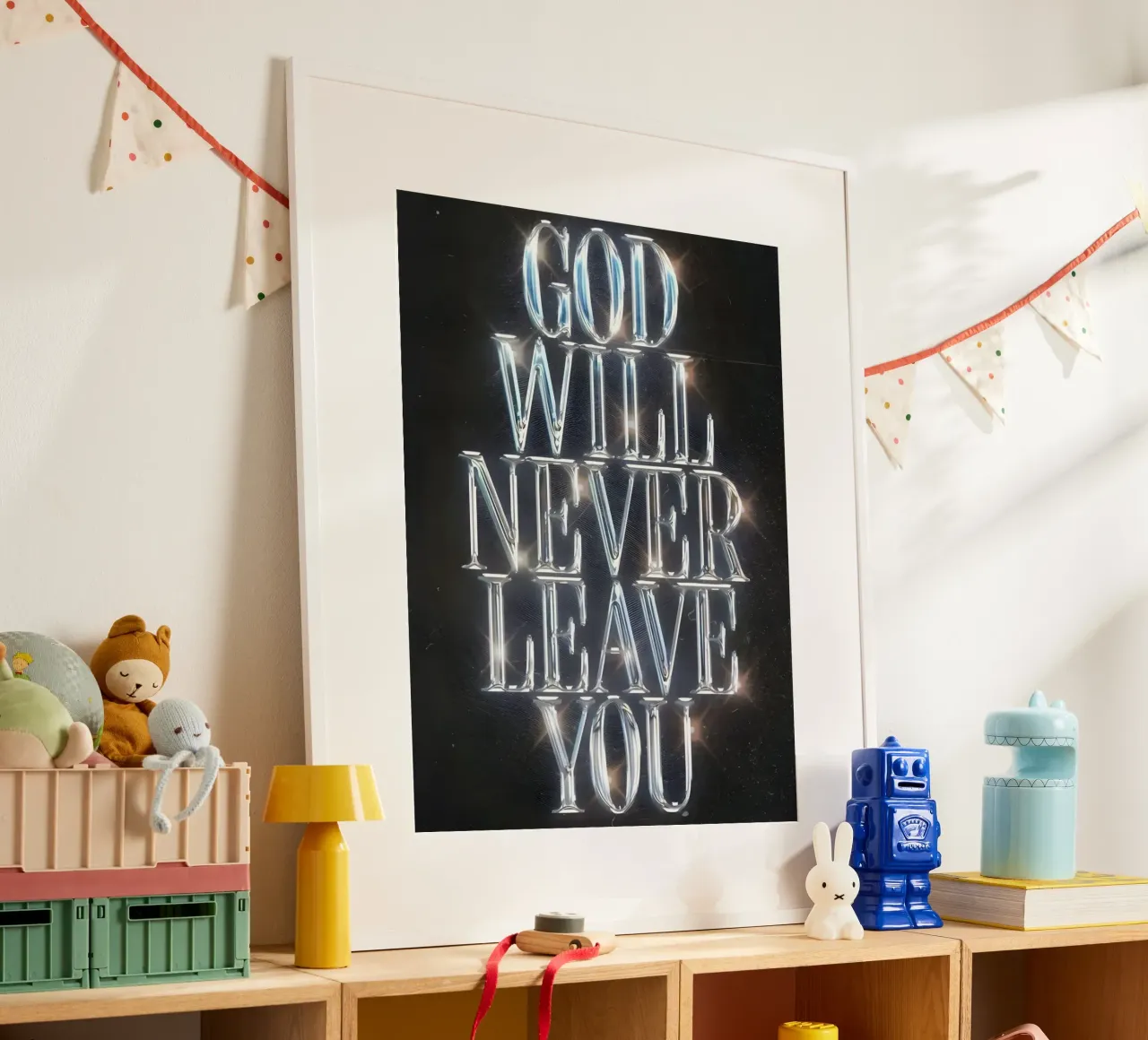 'GOD NEVER LEAVE YOU' poster con telaio in alluminio da Type & Tape
