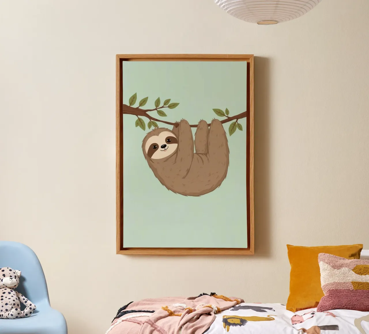 Cartoon Sloth Hanging from a Tree Branch canvas with Floater frame by DesignDoodle