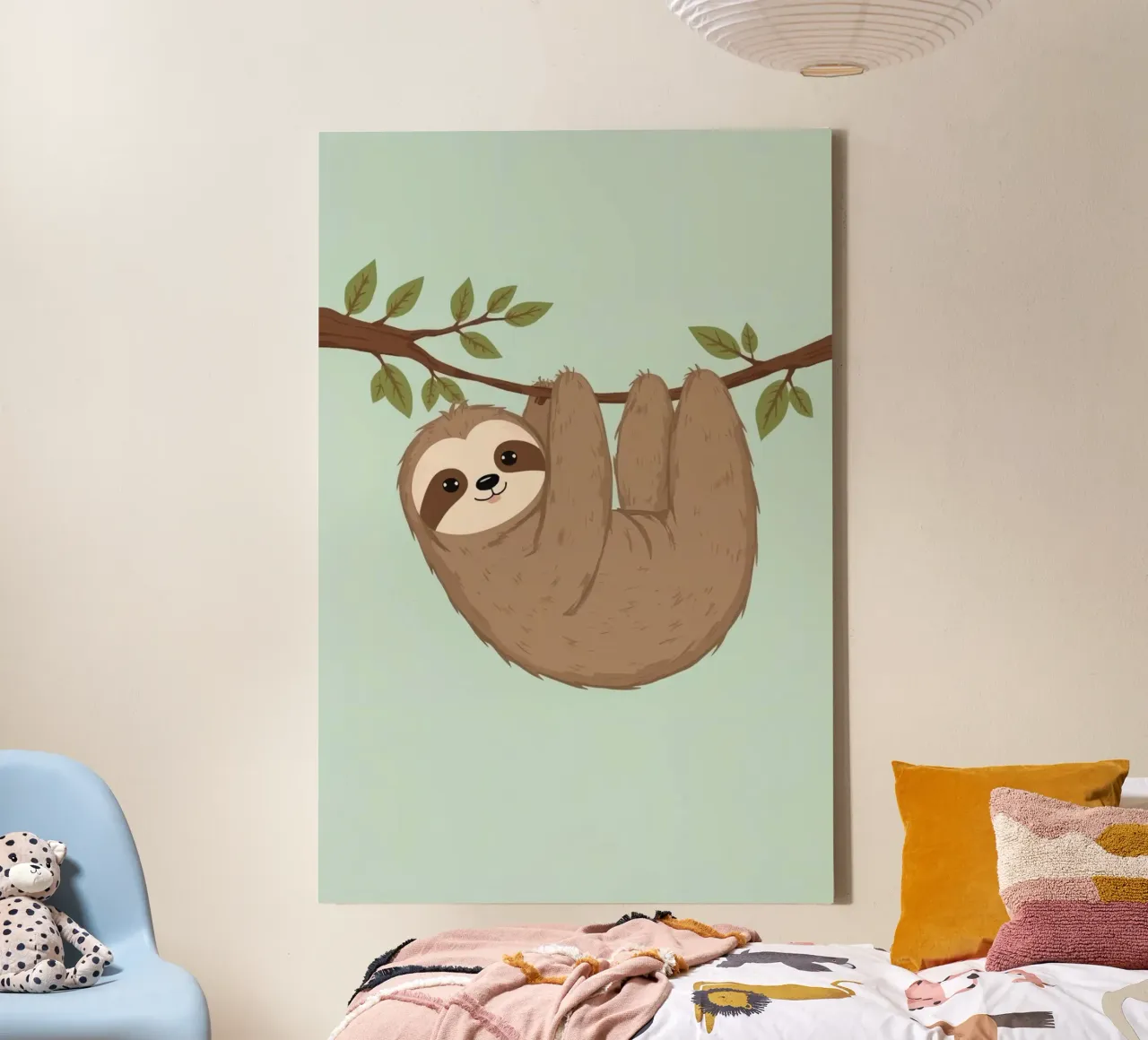 Cartoon Sloth Hanging from a Tree Branch canvas with Floater frame by DesignDoodle
