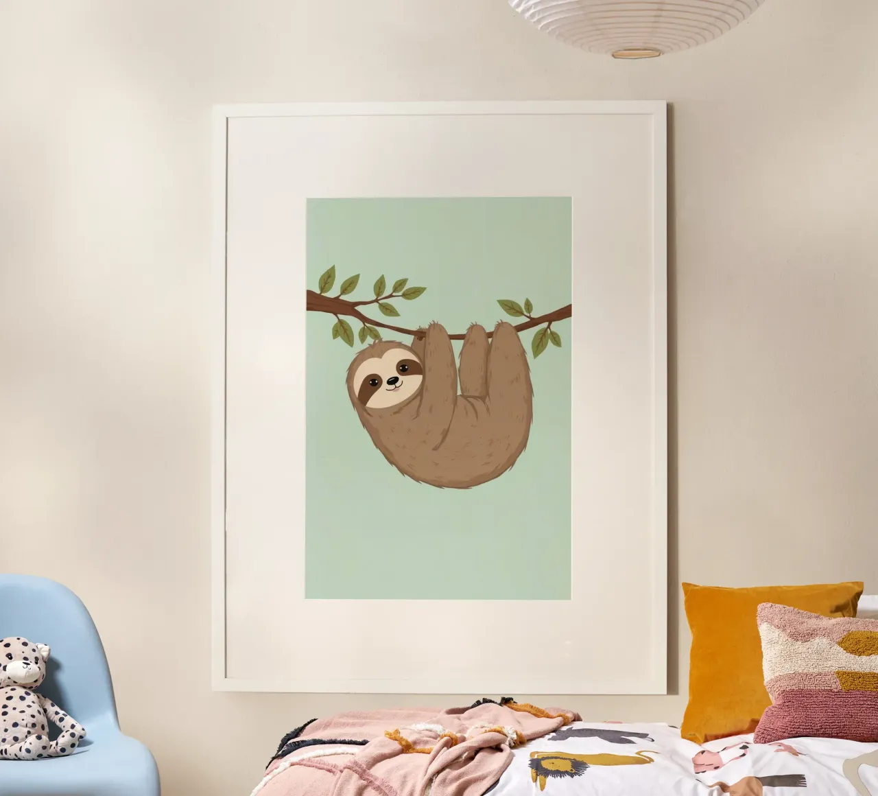 Cartone animato Bradipo appeso al ramo di un albero poster da DesignDoodle