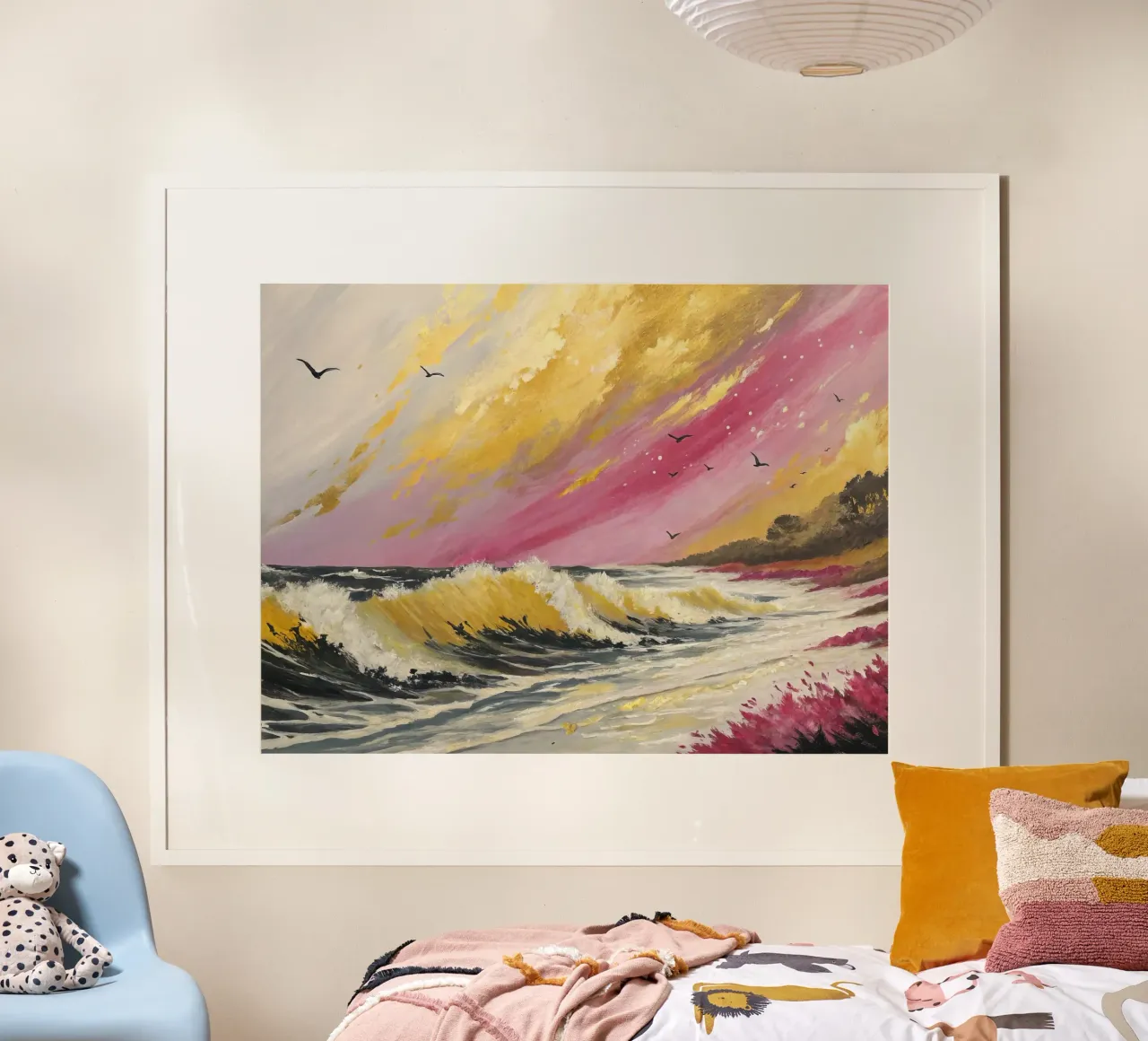 Pittura di paesaggio marino con cielo rosa e oro poster con telaio in alluminio da 🎨 Point and Art
