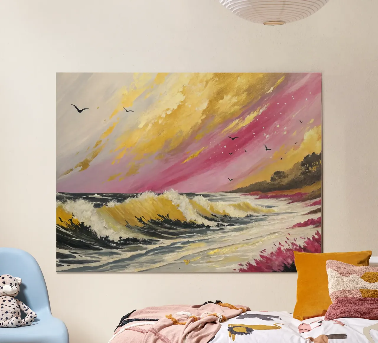 Pittura di paesaggio marino con cielo rosa e oro poster con telaio in alluminio da 🎨 Point and Art