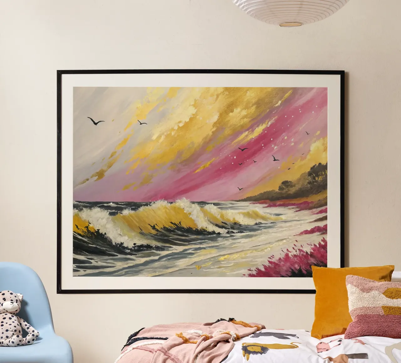Pittura di paesaggio marino con cielo rosa e oro poster con telaio in alluminio da 🎨 Point and Art
