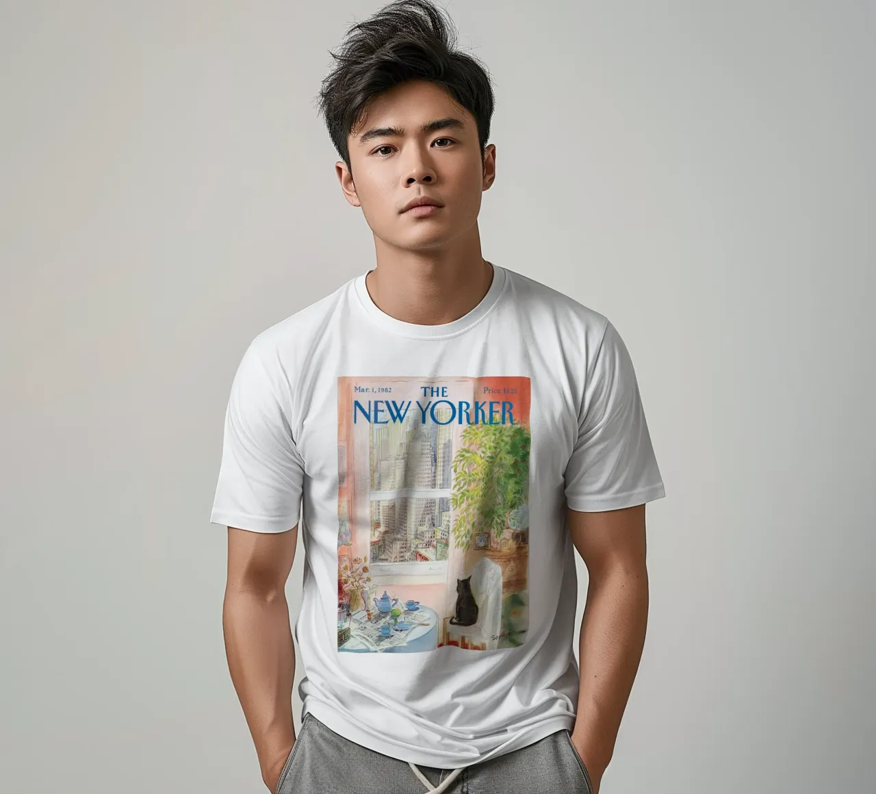 De new yorker oog in oog met de kat puzzel t-shirt van Mr.Lorenzo