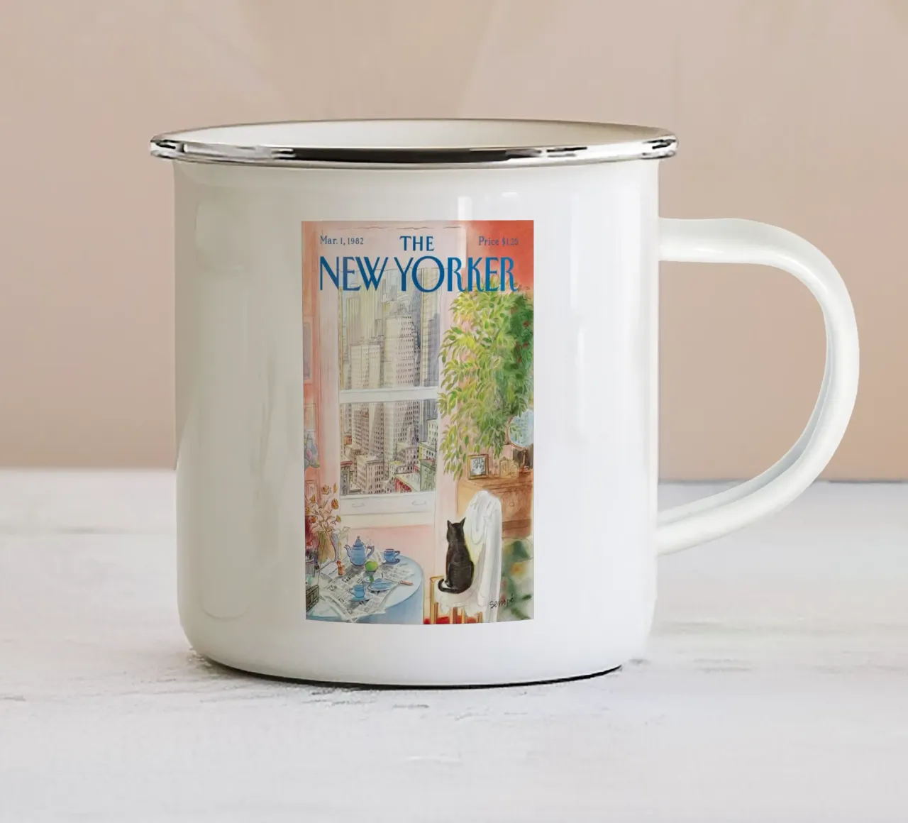 De new yorker oog in oog met de kat puzzel emaille mok van Mr.Lorenzo
