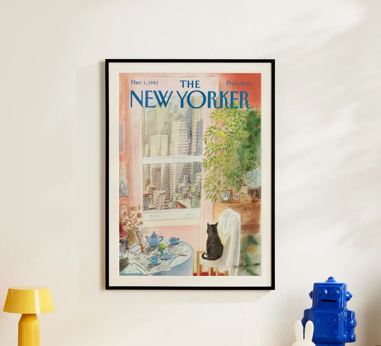Il puzzle del new yorker con vista sul gatto poster con telaio in legno da Mr.Lorenzo