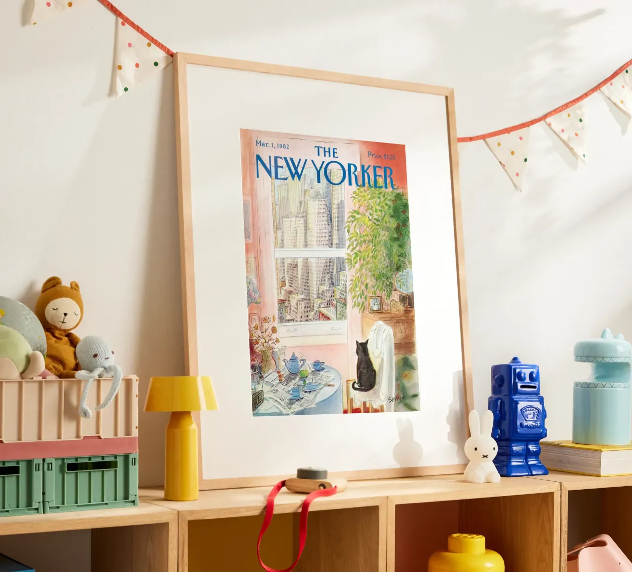 Il puzzle del new yorker con vista sul gatto poster con telaio in legno da Mr.Lorenzo