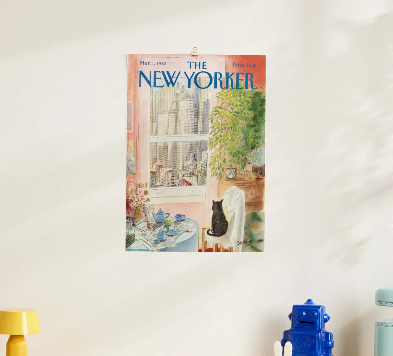 Il puzzle del new yorker con vista sul gatto poster con telaio in legno da Mr.Lorenzo