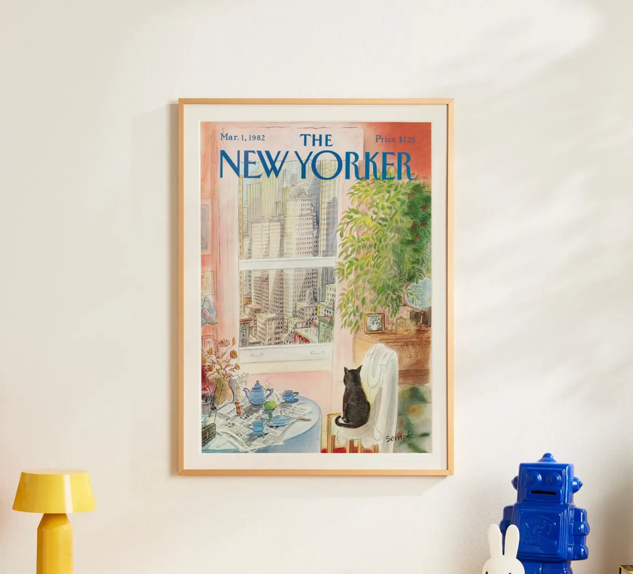 Il puzzle del new yorker con vista sul gatto poster con telaio in legno da Mr.Lorenzo