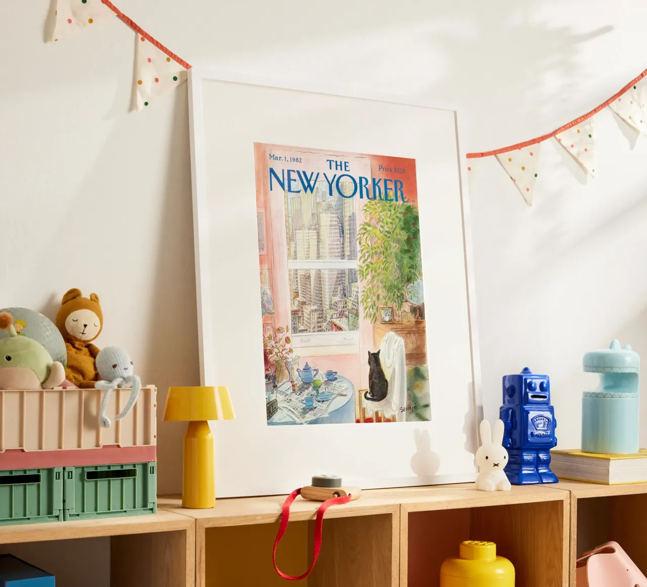 Il puzzle del new yorker con vista sul gatto poster con telaio in legno da Mr.Lorenzo