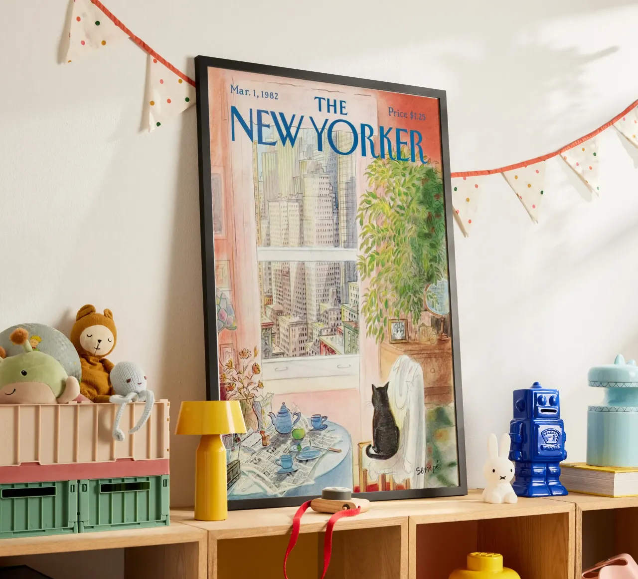 Il puzzle del new yorker con vista sul gatto poster con telaio in legno da Mr.Lorenzo