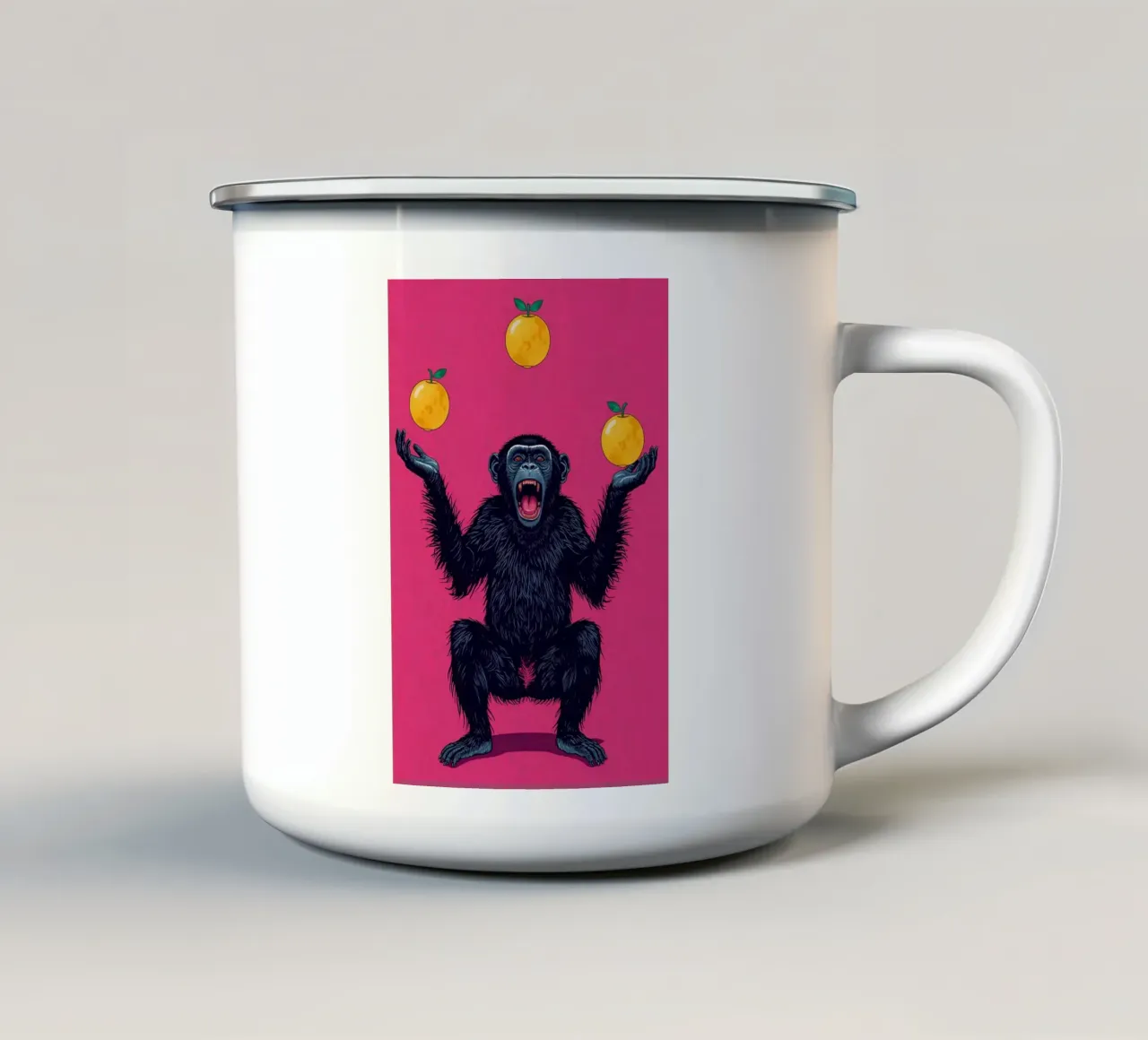 Scimpanzé che si destreggia con tre mele su sfondo rosa tazza in smalto da DesignDoodle