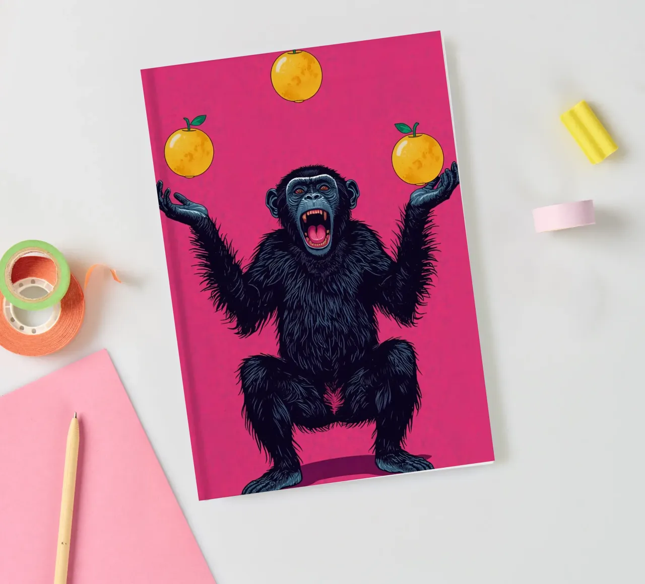 Chimpanzee Juggling Three Apples on Pink Background notebook by DesignDoodle