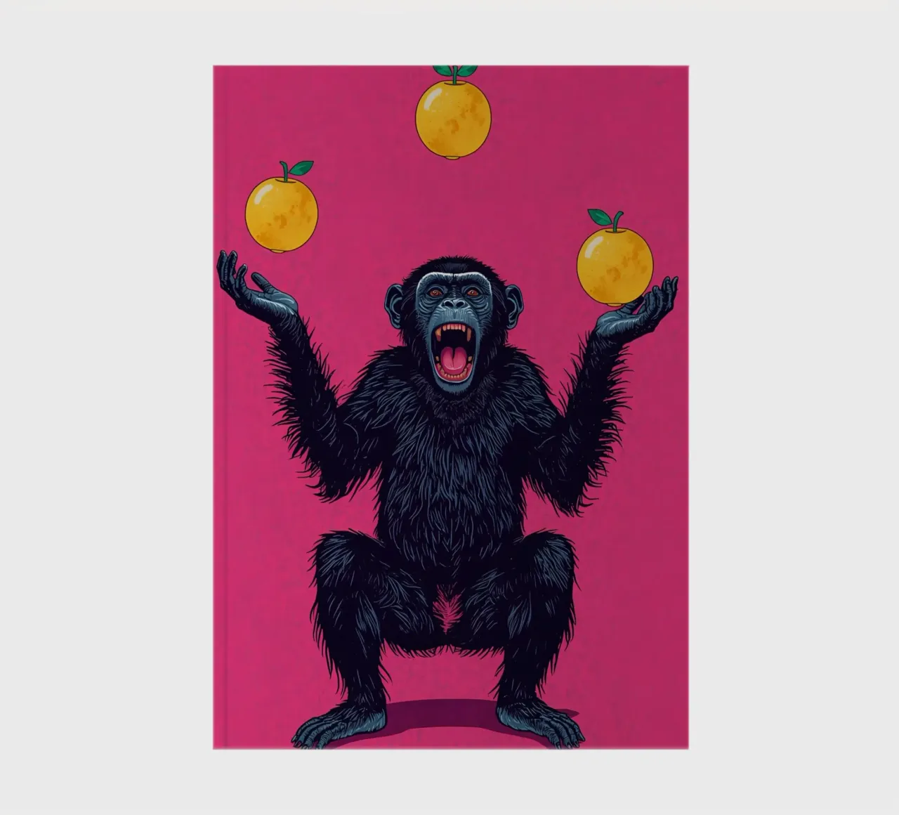 Chimpanzee Juggling Three Apples on Pink Background notebook by DesignDoodle