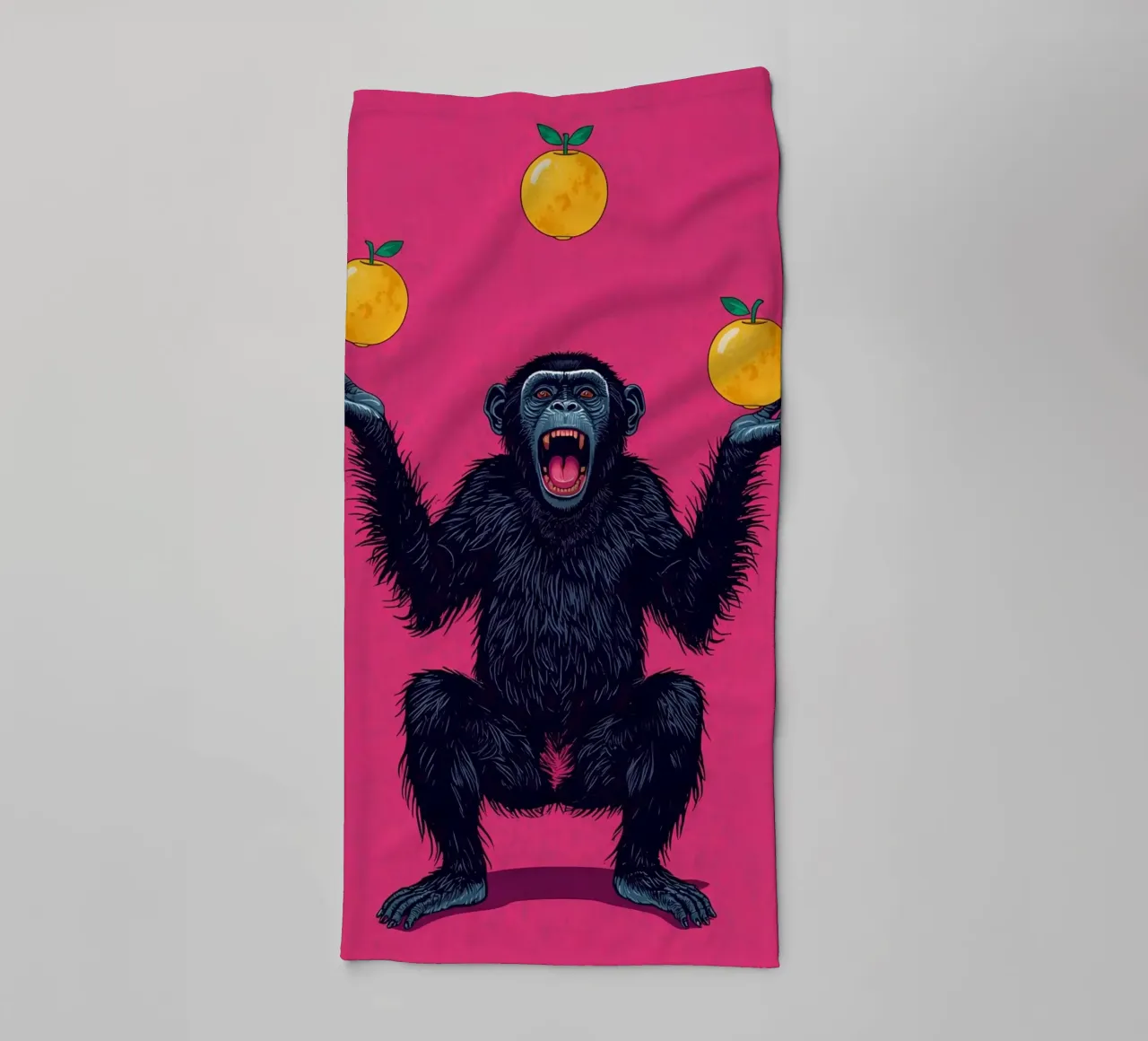 Chimpanzee Juggling Three Apples on Pink Background towel by DesignDoodle