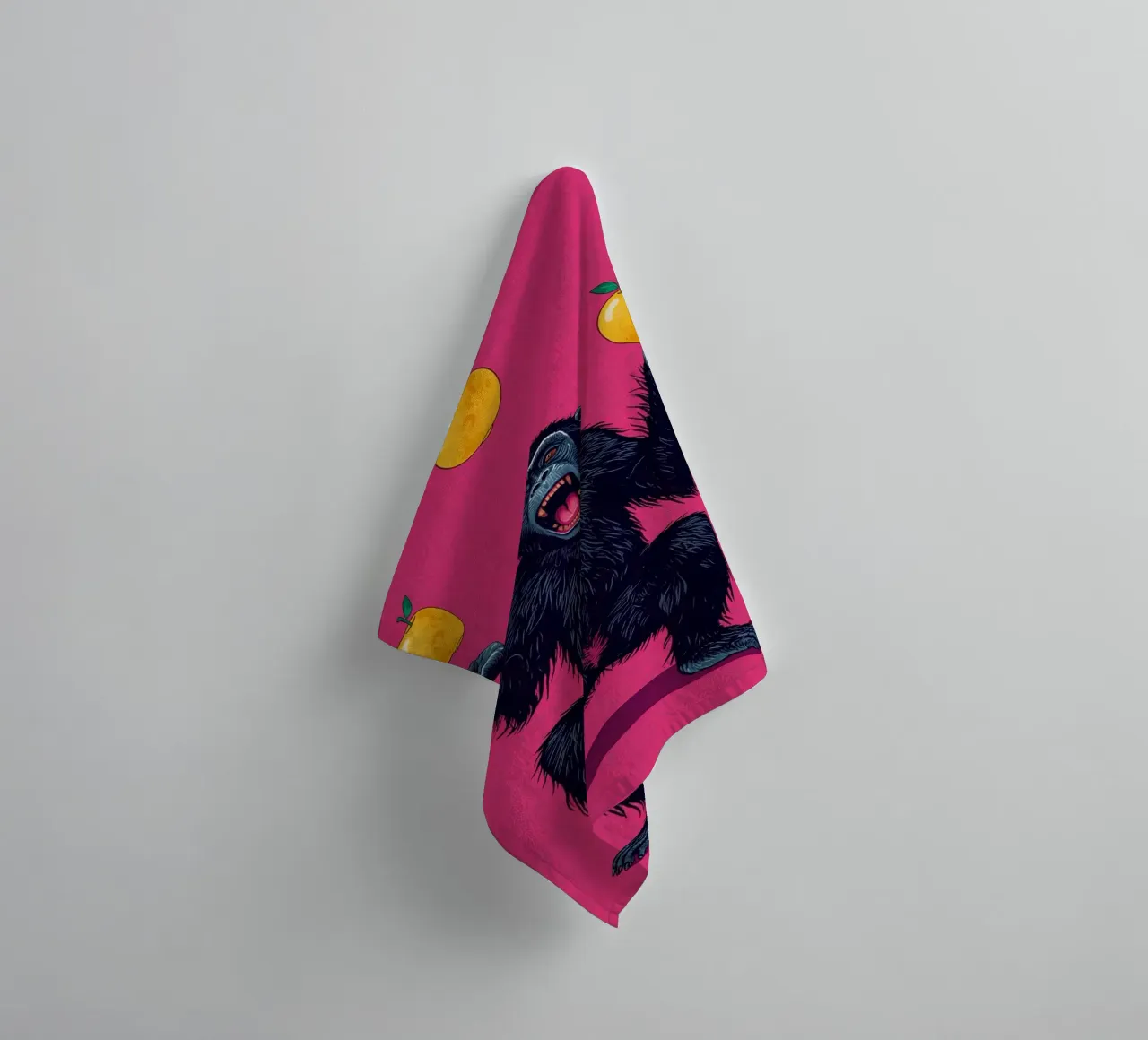 Chimpanzee Juggling Three Apples on Pink Background towel by DesignDoodle
