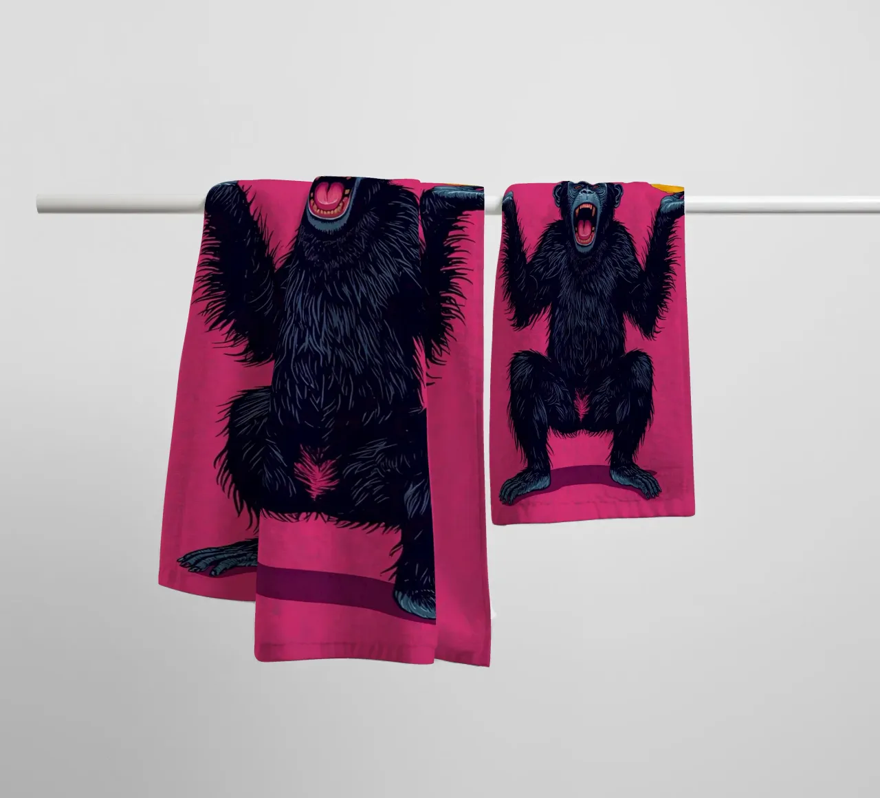 Chimpanzee Juggling Three Apples on Pink Background towel by DesignDoodle