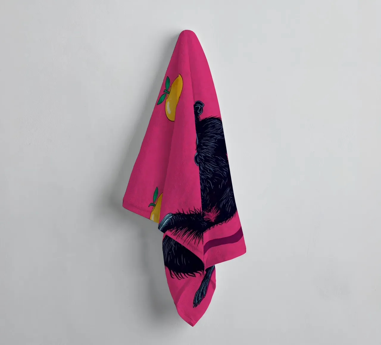 Chimpanzee Juggling Three Apples on Pink Background towel by DesignDoodle
