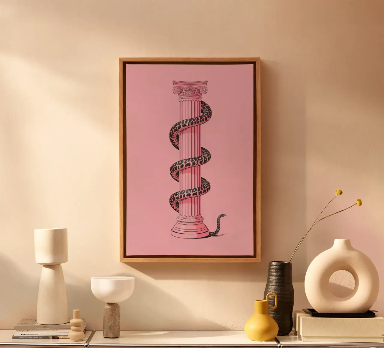 Column and Snake on pink background canvas with Floater frame by DesignDoodle