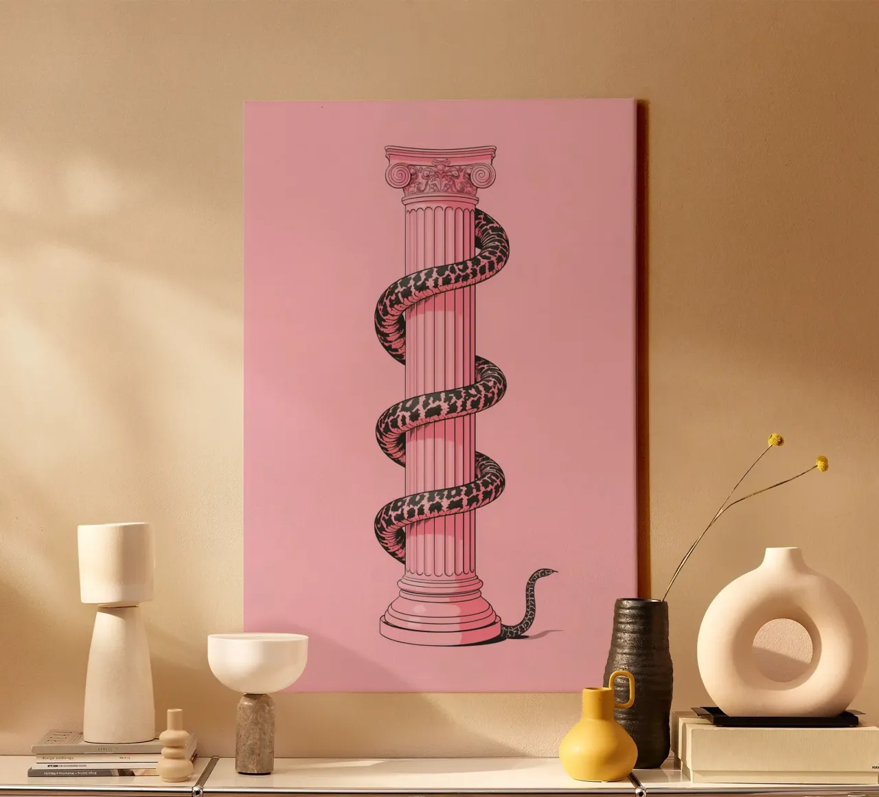 Column and Snake on pink background canvas with Floater frame by DesignDoodle