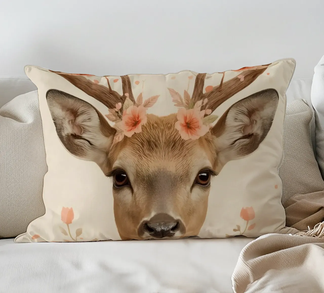 Testa di cervo con corna floreali cuscino da DesignDoodle
