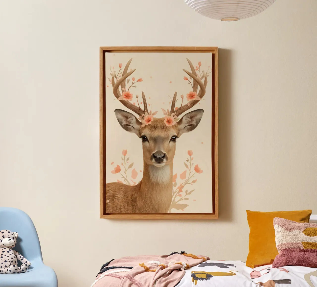 Testa di cervo con corna floreali tela con Cornice a cassetta da DesignDoodle