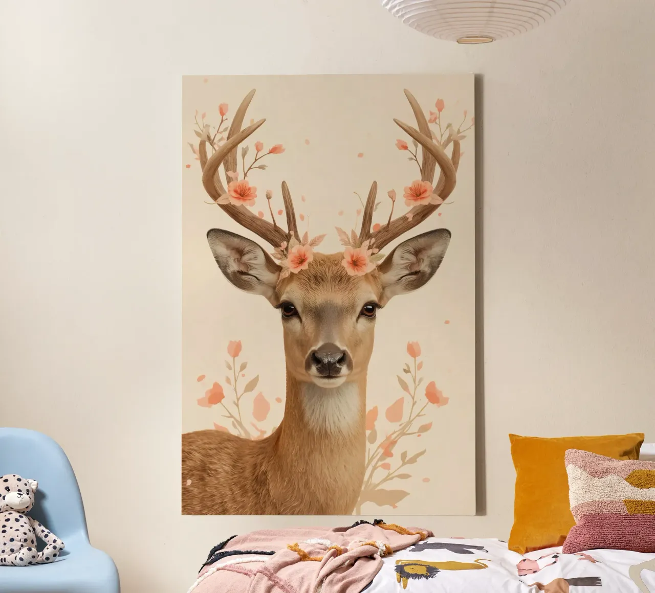 Testa di cervo con corna floreali tela con Cornice a cassetta da DesignDoodle