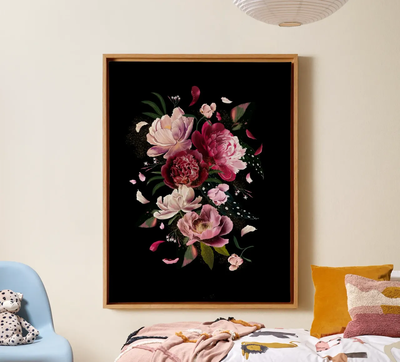 Whimsical Pink Peonies Explotion in Black tela con Cornice a cassetta da anisillustration