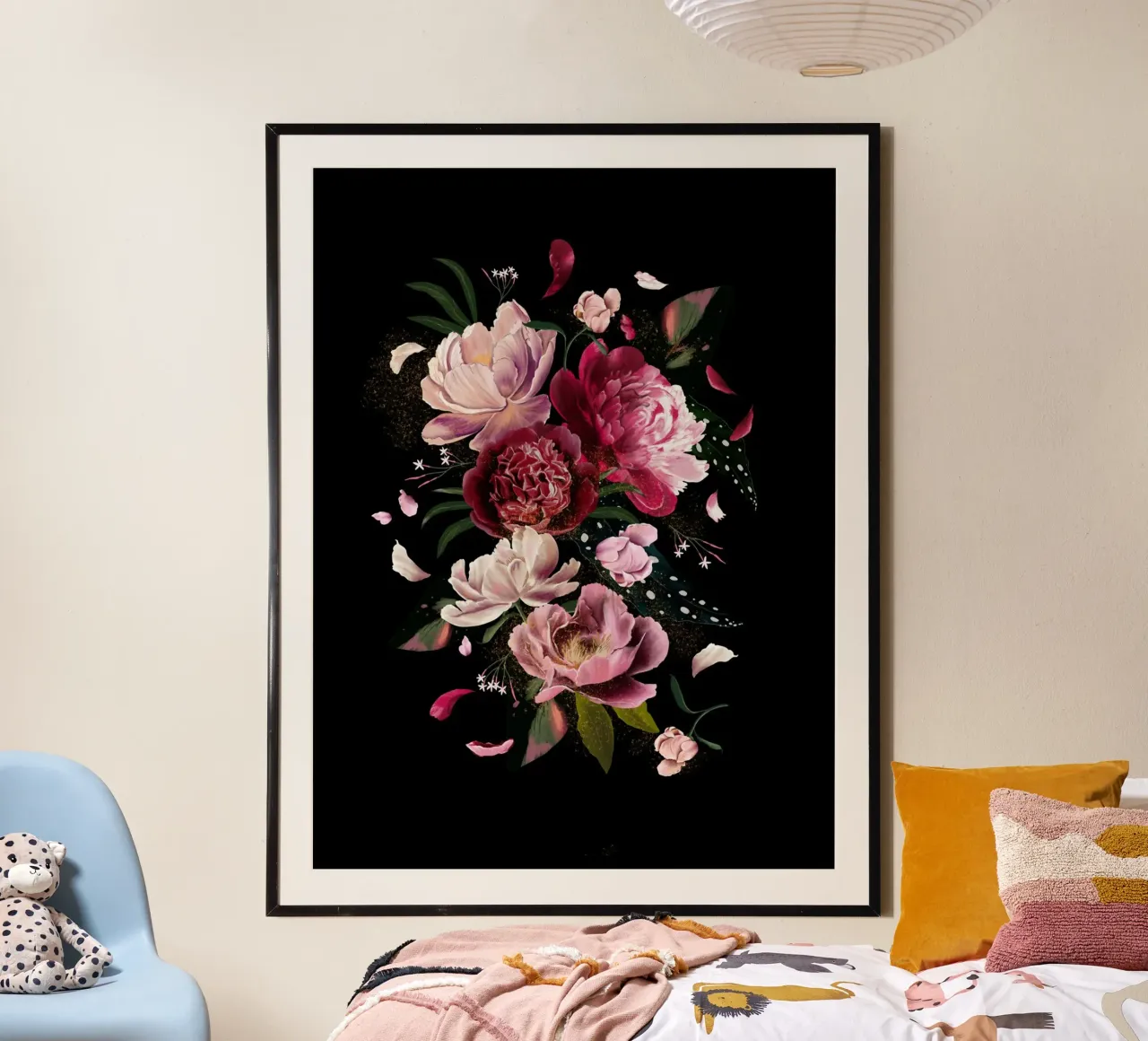 Whimsical Pink Peonies Explotion in Black poster da anisillustration