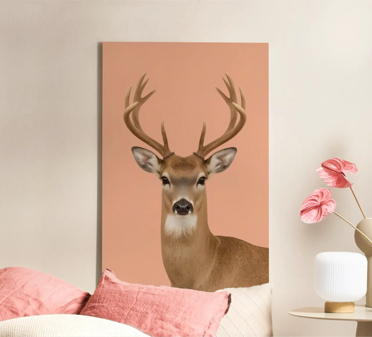 Hirsch Porträt mit Geweih auf Licht Orange Hintergrund Leinwand mit Schattenfugenrahmen von DesignDoodle