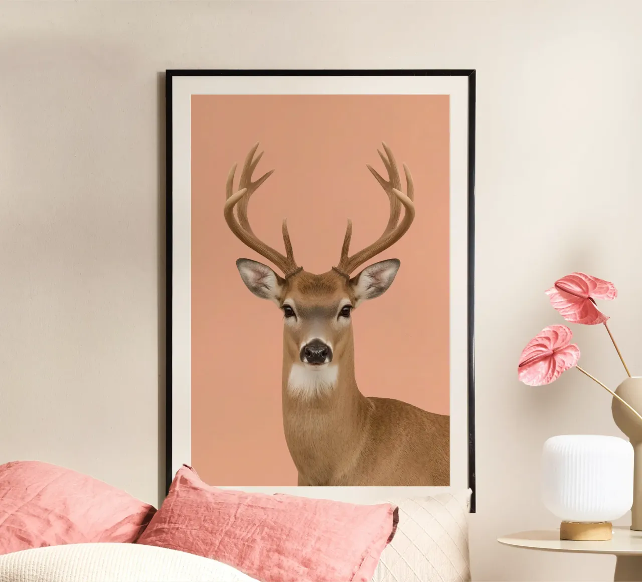 Hirsch Porträt mit Geweih auf Licht Orange Hintergrund Poster von DesignDoodle
