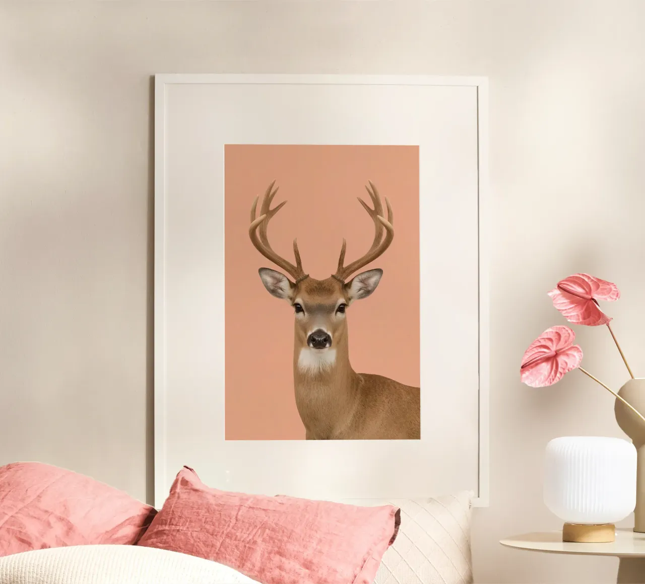 Hirsch Porträt mit Geweih auf Licht Orange Hintergrund Poster von DesignDoodle