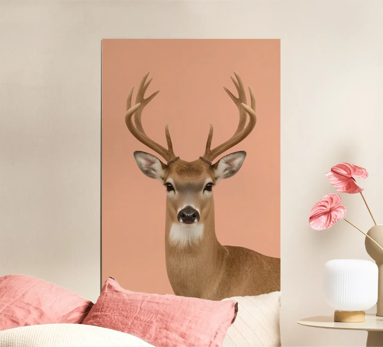 Hirsch Porträt mit Geweih auf Licht Orange Hintergrund Poster von DesignDoodle
