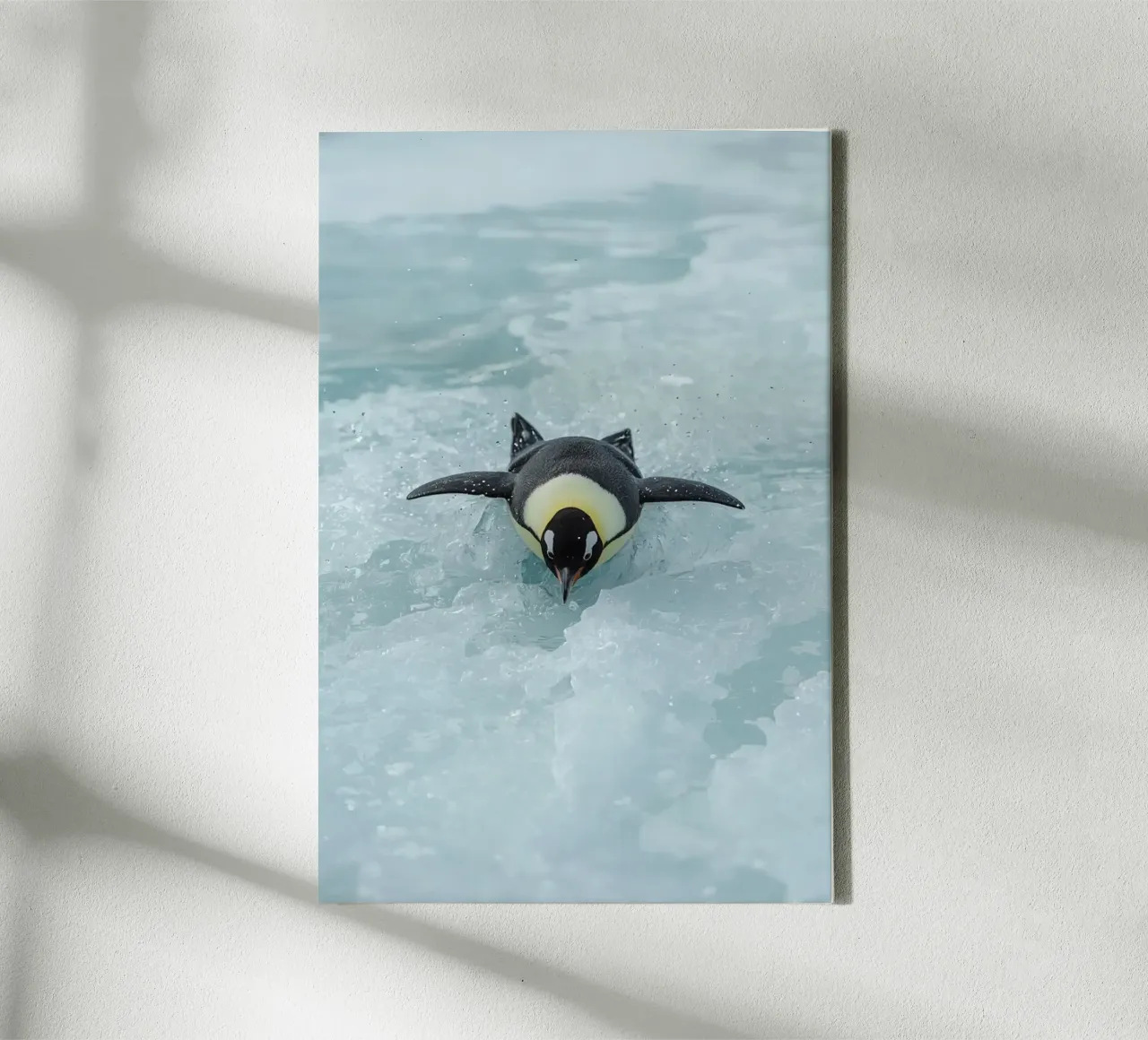 Emperor Penguin Skating in Ice Water canvas with Floater frame by DesignDoodle
