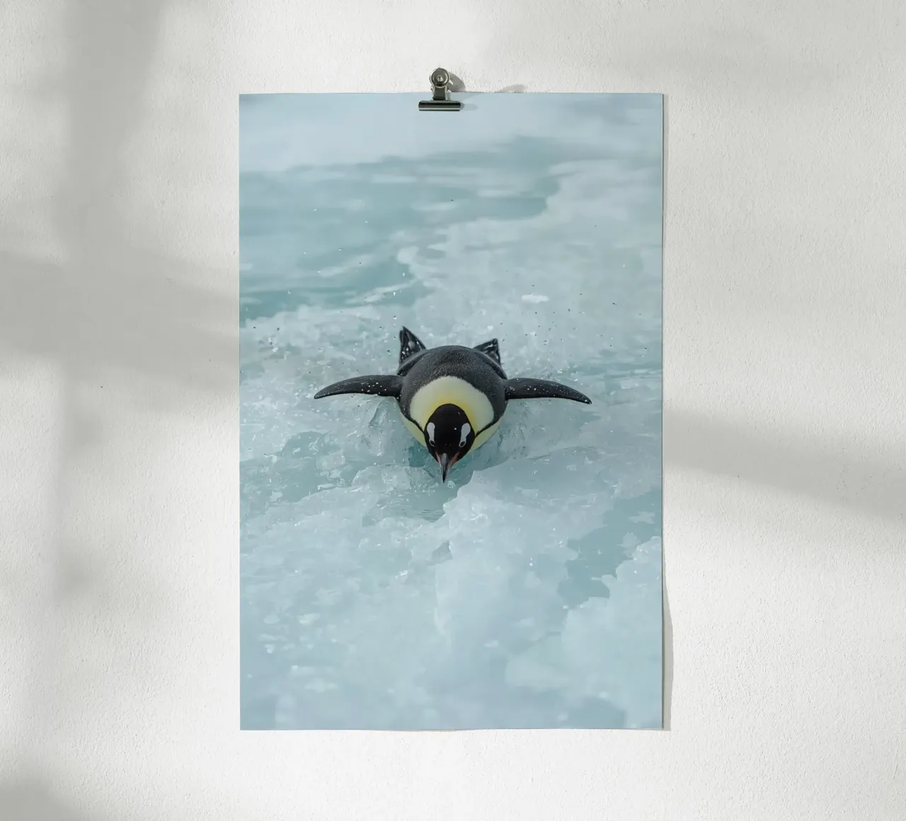 Kaiserpinguin beim Schlittschuhlaufen im Eiswasser Poster mit Aluminium Rahmen von DesignDoodle