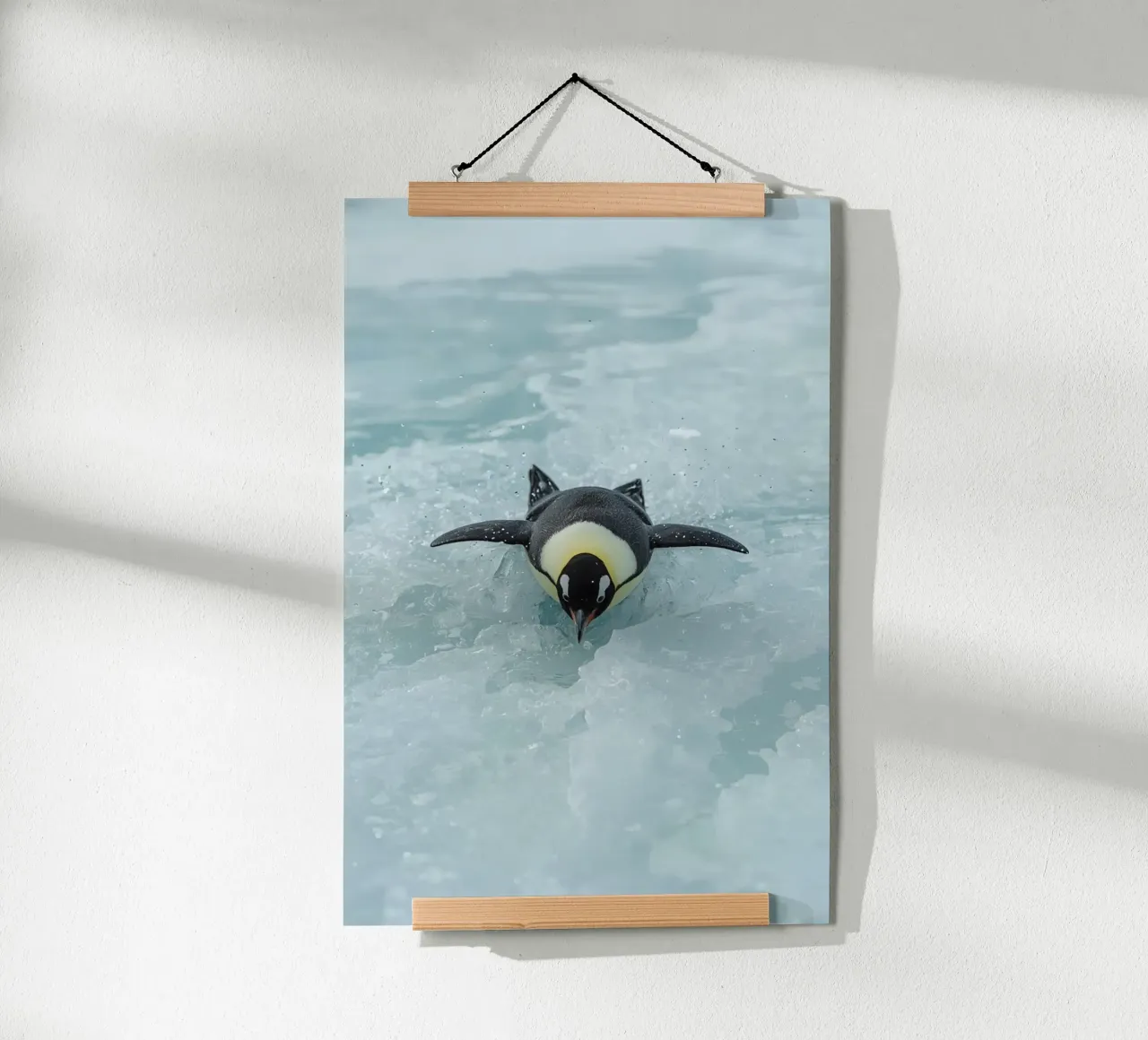 Kaiserpinguin beim Schlittschuhlaufen im Eiswasser Poster mit Aluminium Rahmen von DesignDoodle