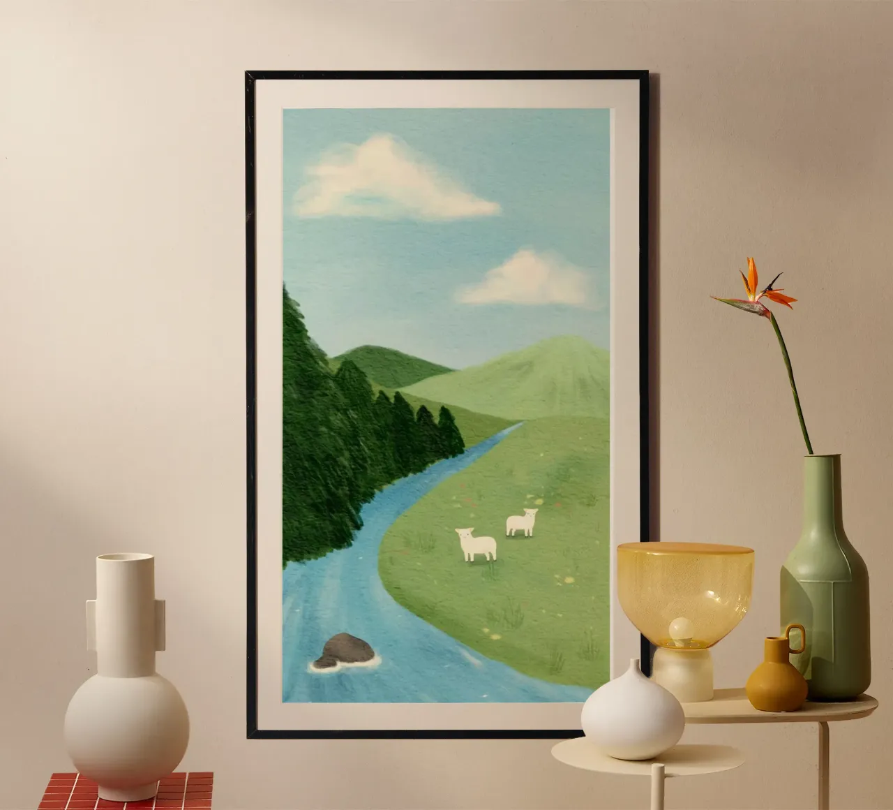 calm sunshine sheep poster con telaio in legno da carsa