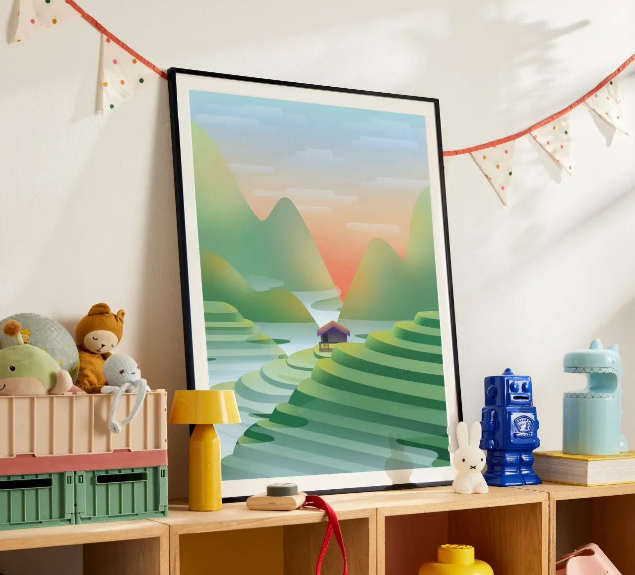 calm field on mountain poster con telaio in legno da kichin