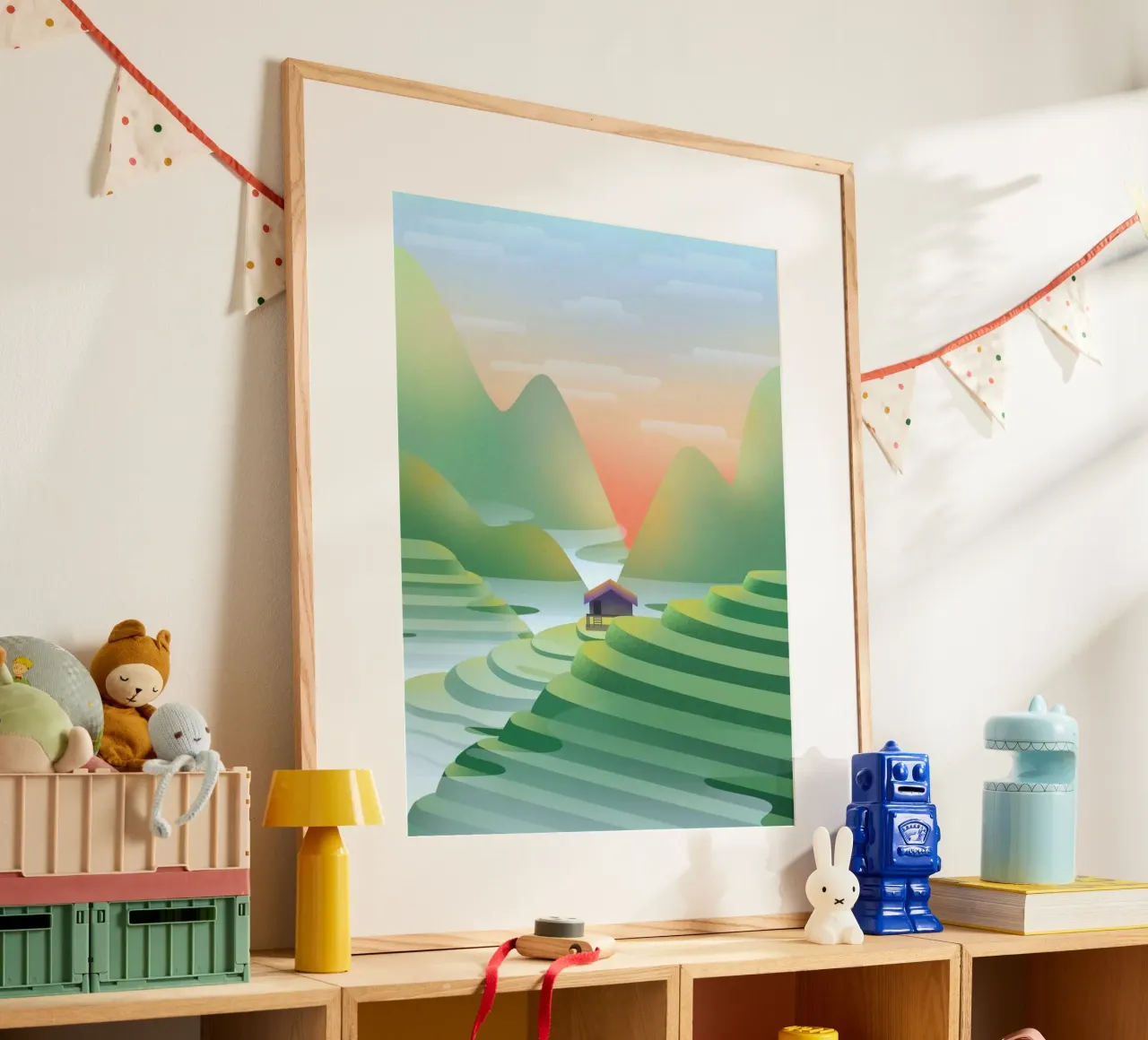 calm field on mountain poster con telaio in legno da kichin