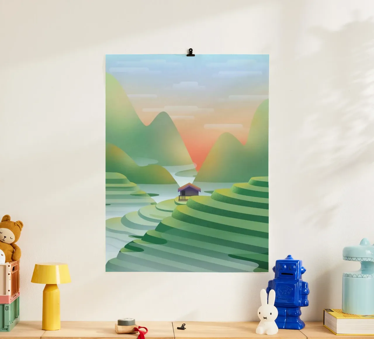 calm field on mountain poster con telaio in legno da kichin