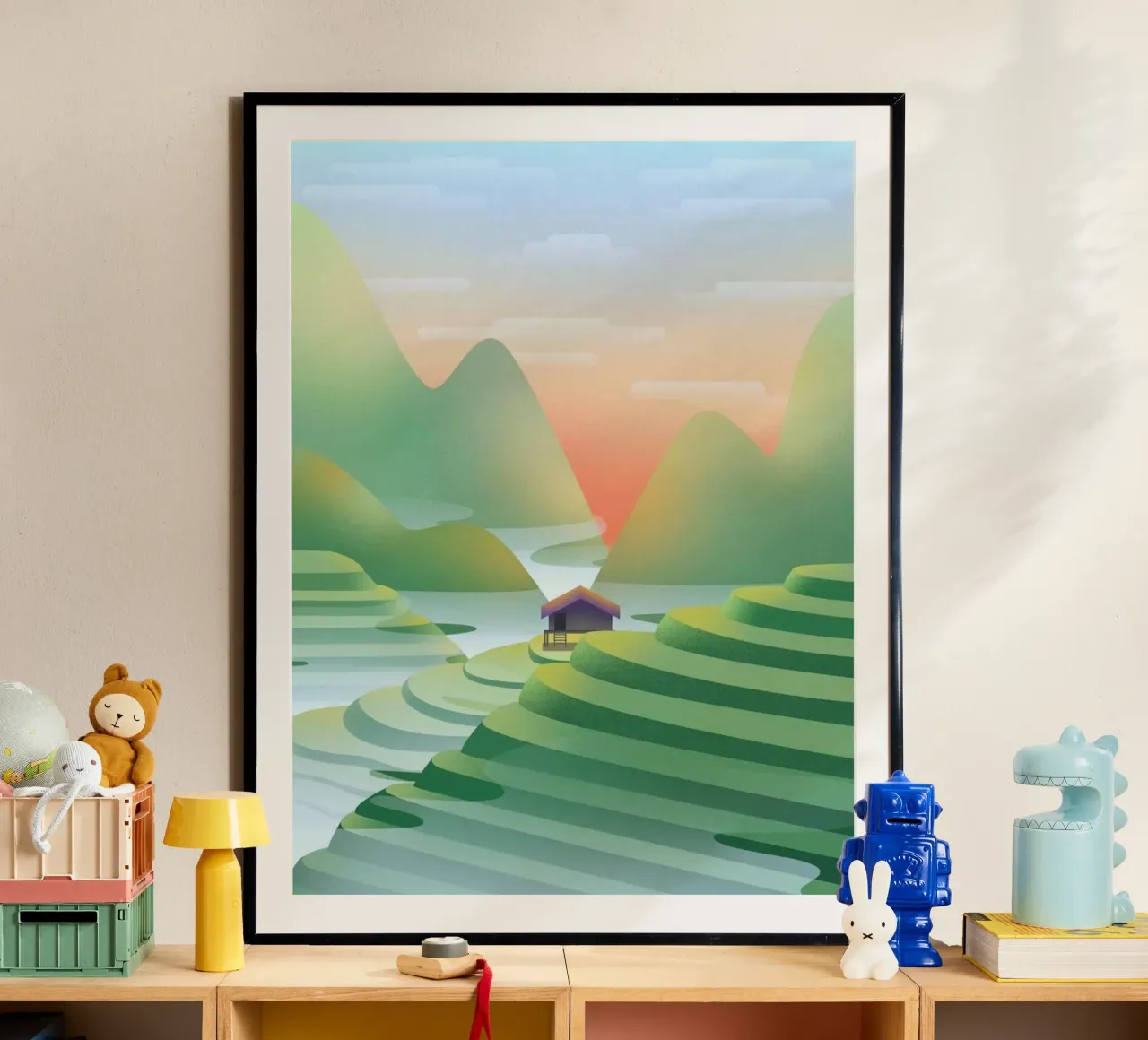 calm field on mountain poster con telaio in legno da kichin