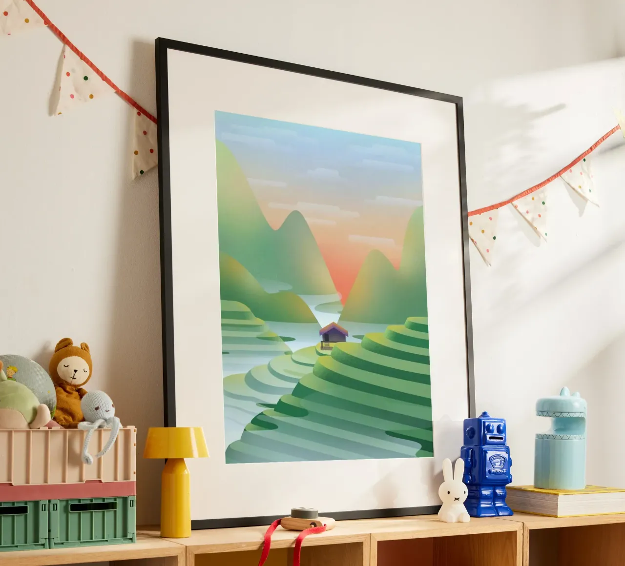 calm field on mountain poster con telaio in legno da kichin