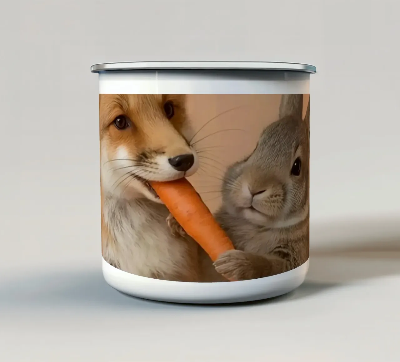 Volpe e coniglio che condividono la carota tazza in smalto da DesignDoodle