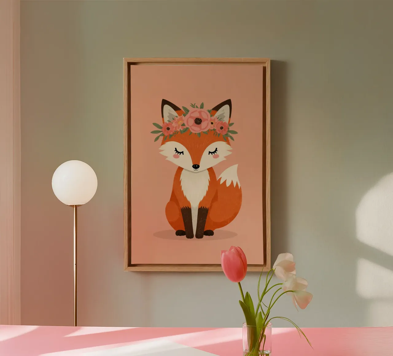 Volpe felice con corona floreale tela con Cornice a cassetta da DesignDoodle