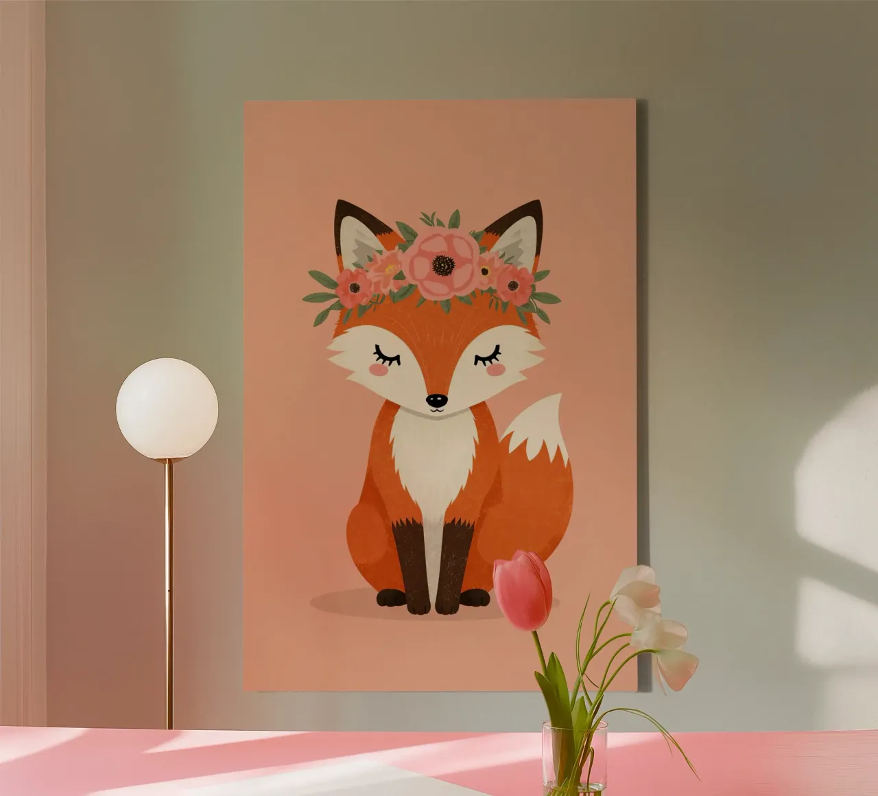 Volpe felice con corona floreale tela con Cornice a cassetta da DesignDoodle