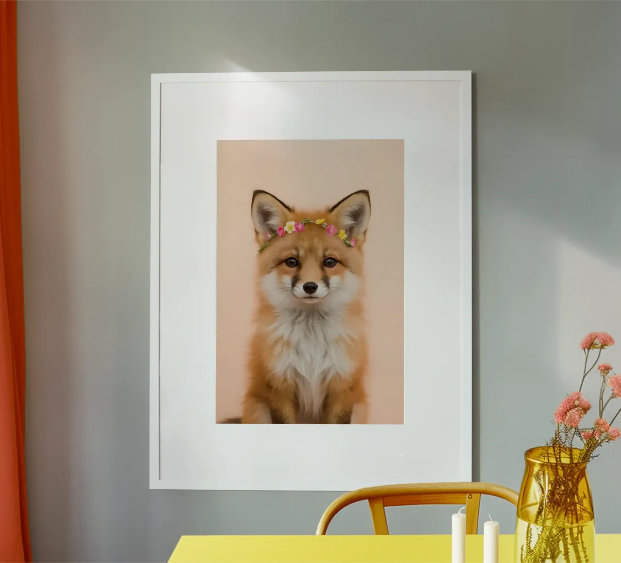 Volpe con corona di fiori ritratto poster con telaio in legno da DesignDoodle