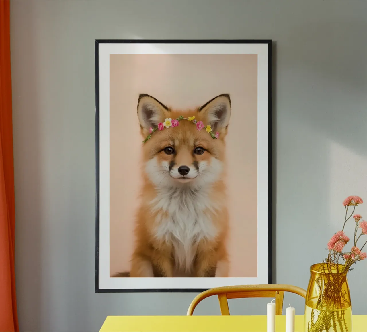 Volpe con corona di fiori ritratto poster con telaio in legno da DesignDoodle