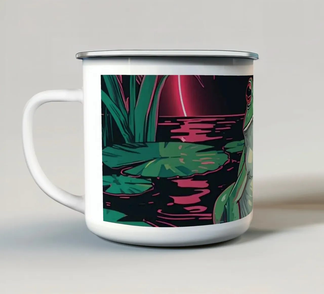 Rana su ninfea con sfondo a cerchi neon tazza in smalto da DesignDoodle